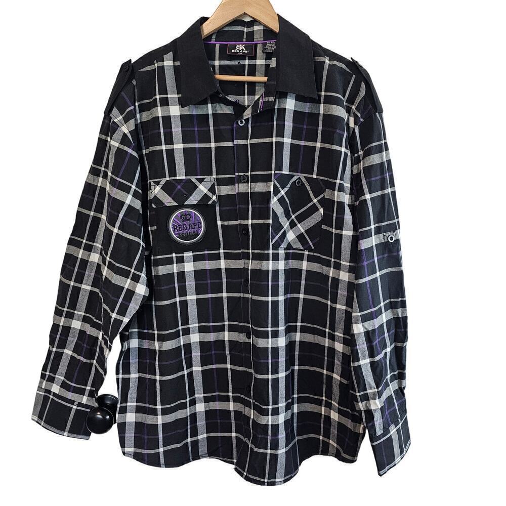 Red Ape Premium Button Down Shirt Mens 2XL Black Purple Plaid Long Sleeve